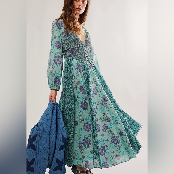 Free People Maxi Dress Women Boho A New Way Preppy Green Classic Floral NWT - Picture 1 of 6
